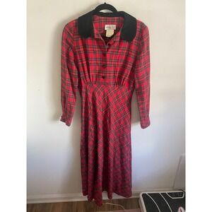 Vintage 1970's Lanz Red Plaid Long Sleeve Dress with Corduroy Collar